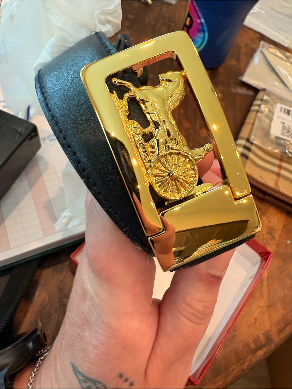 CELINE Black Leather Belt with Gold Horse Carriage Buckle with COA and Box